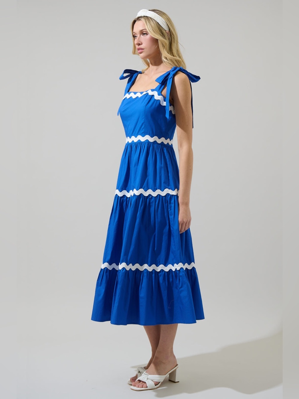 Sugarlips Edith Tiered Midi Dress MEDIUM Blue/White NEW WITH TAGS - Picture 3 of 10